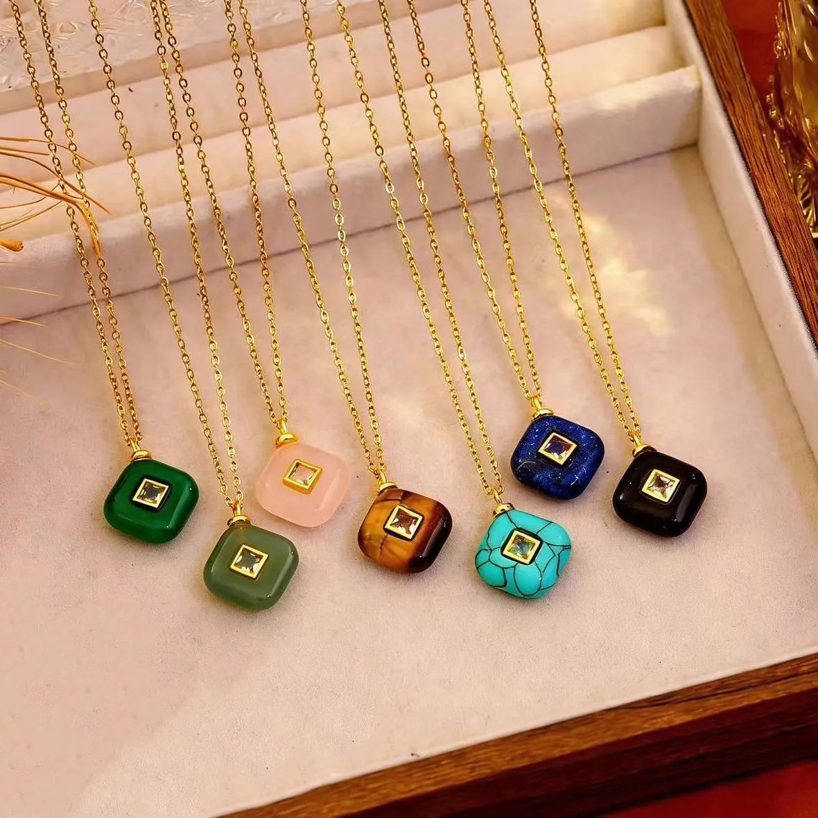 Authentic 1pc Natural Stone 18K Gold Plated Brass Cubic Zirconia Geometric Charms Pendant Necklace Making Jewelry for Women