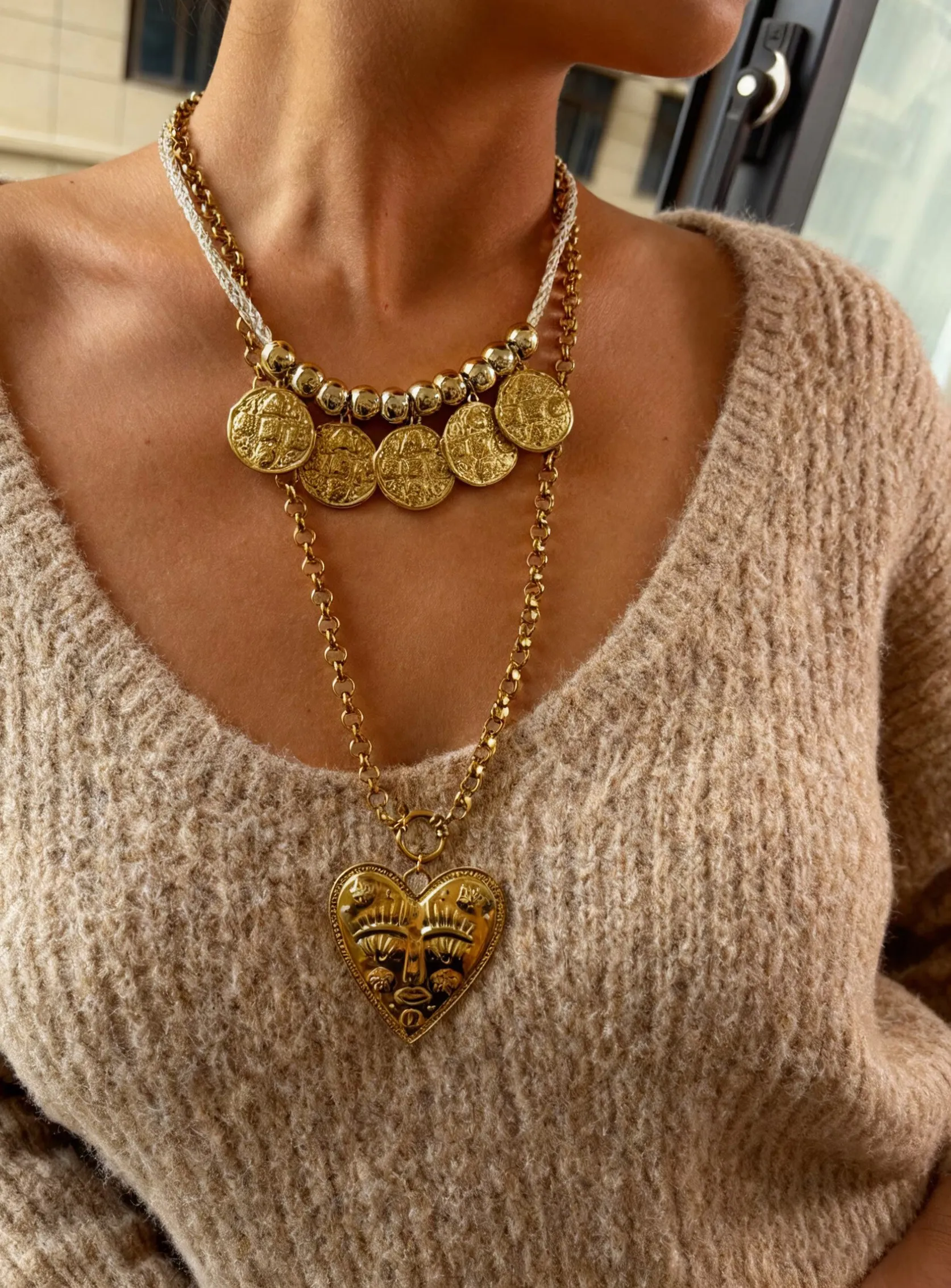 Authentic GHIDBK Fashion High End Stackable Rope Chain 18K Gold-plated Heart Coin Pendant Elegant Charm Light Luxury Jewelry for Women