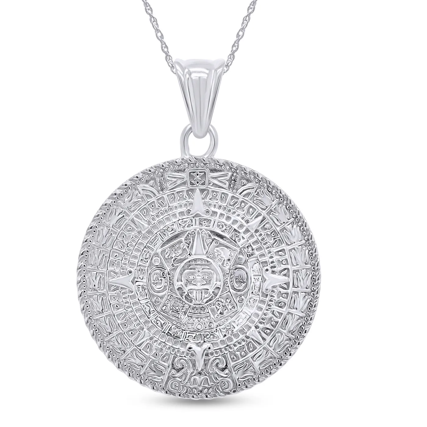 Authentic Aztec Mayan Sun Calendar Medallion Pendant 18" Chain Necklace Sterling Silver