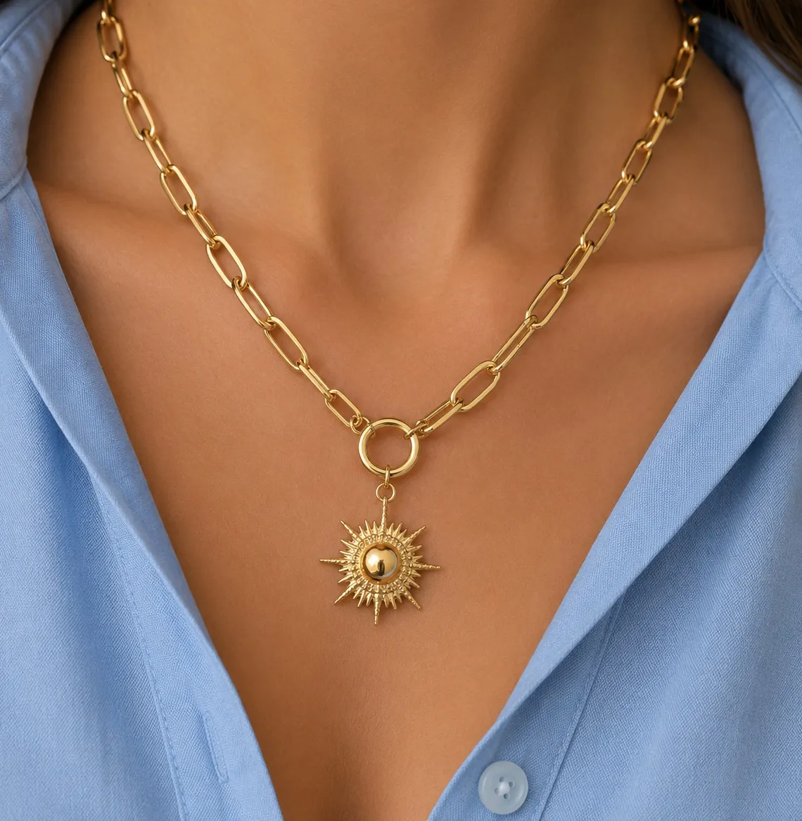 Authentic ZARA 18K Gold plated Chunky link chain necklace sunburst sun burst pendant