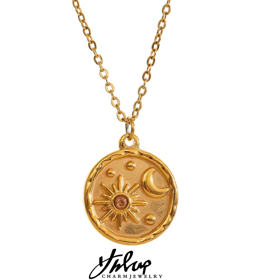 Authentic Yhpup Celestial Moon Sun Delicate Round Pendant Necklace 18k Gold Plated Chain Trendy Charm Chic Jewelry