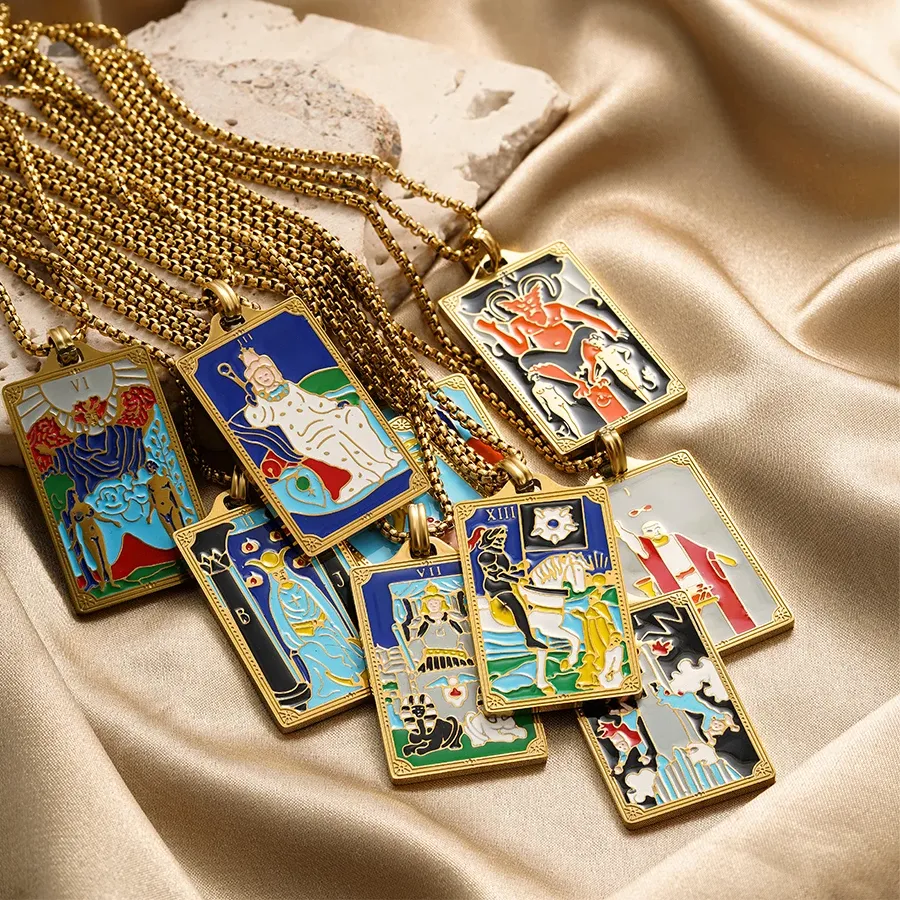 Authentic Gold Plated Coloeful Enamel Tarot Sun Star Moon Pendant Necklaces 18K PVD Gold Color Box Chain Women's Necklace Charm Jewelry