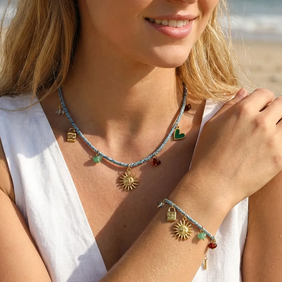 Authentic Boho Jewelry Set Blue Cord Charm Necklace Bracelet Gold color Sun Green Heart Bead Pendant Summer Beach Accessories Trendy Gift
