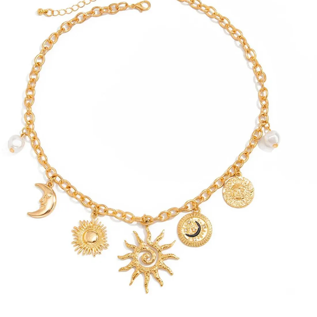 Authentic Ingemark​ Trendy Gold Color Moon Sun Pendant Necklace Women Vintage Imitation Pearl Charm Clavicle Chain Party Statement Jewelry