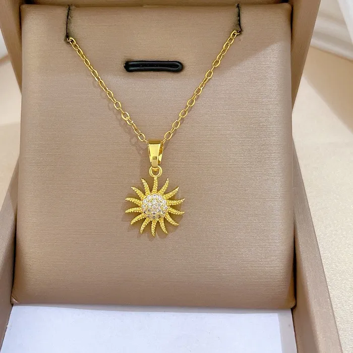 Authentic New Fashion Temperament Gold Color Stainless Steel Small Zircon Rotating Sun Pendant Necklace for Women Collarbone Chain Jewelry