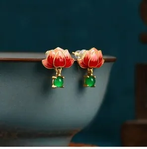 Authentic Whispers of the Lotus: 18K Gold-Plated Jade Dangle Earrings