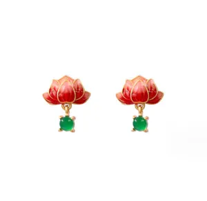 Authentic Jade Enamel Dangle Earrings Boho Lotus Flower Dainty Gemstone 18K Gold Plated