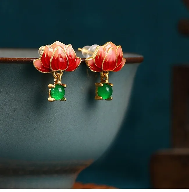 Authentic Ethereal Lotus Bloom: 18K Gold-Plated Jade Sacred Dangle Earrings