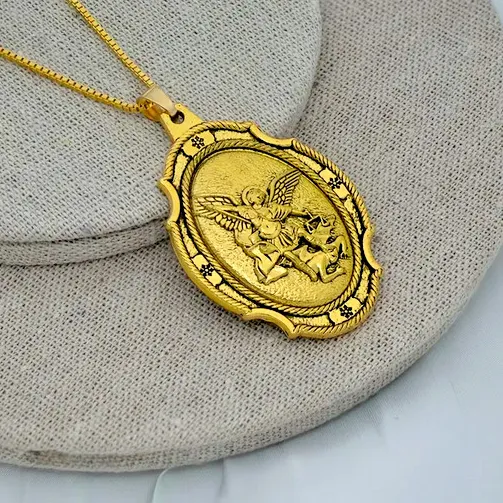 Authentic BIG ST MICHAEL ANGEL ARCHANGEL PROTECT pendant GOLD plated 18K necklace 24" men