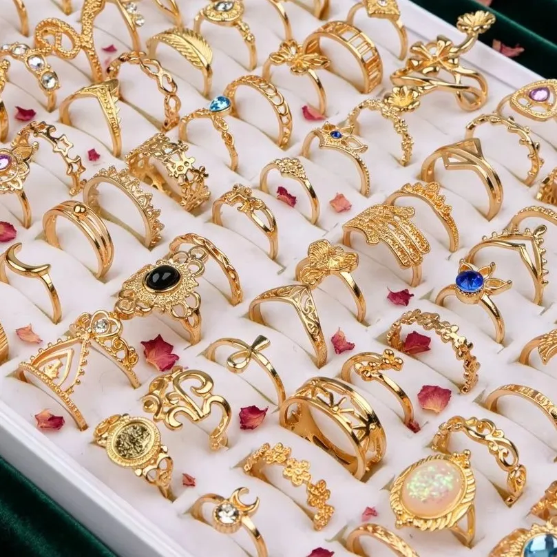 Authentic 20 30 50 100Pcs Irregular Hollow Rings Blue Glass Stone Crown Mixed Style Jewelry Daily