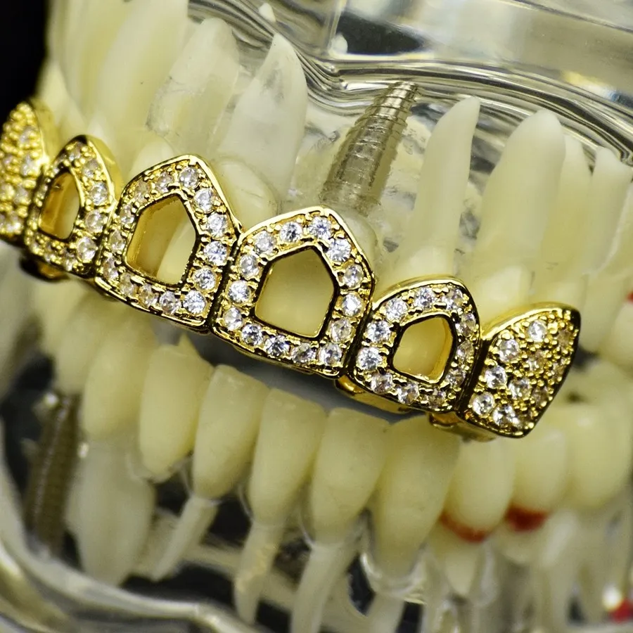 Authentic The Gilded Resonance: 14k Gold Plated Iced CZ 10-Tooth Open-Hollow Grillz Set