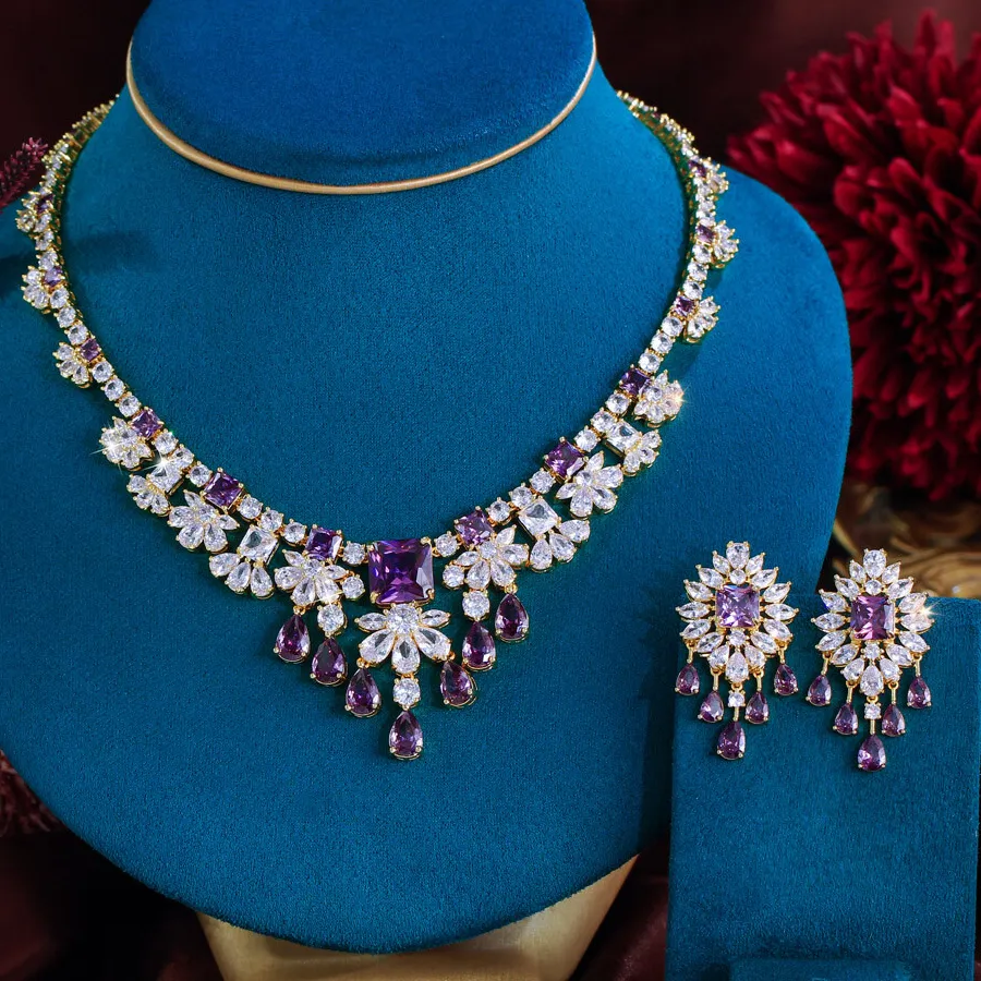 Authentic Charming Purple CZ Gold Plated Square Drop Earrings Necklace Flower Jewelry Set