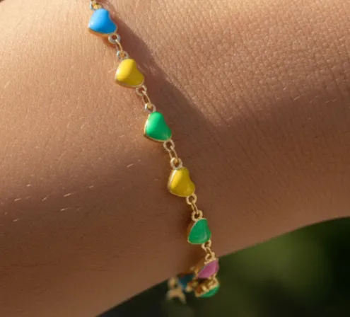 Authentic Charming Gold Plated Chain Bracelet Handmade Colorful Enamel Heart Charm Bracele