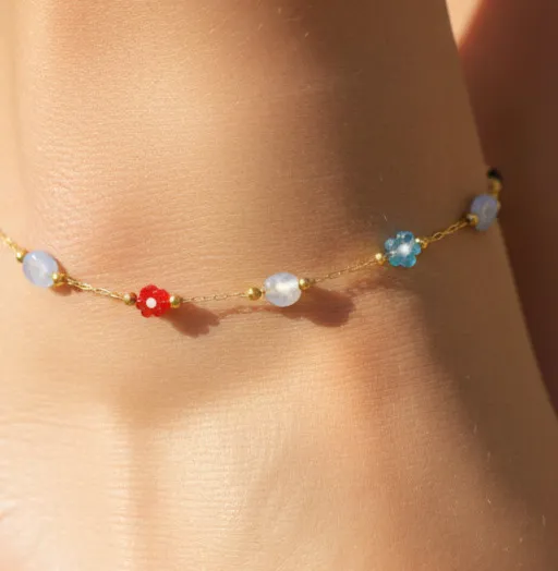 Authentic Charming 18K Gold Plated Floral Anklet Minimalist Boho Tiny Ruby and Sapphire