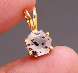 Authentic Radiant Pink Dot Quartz Hexagonal Talisman in Gold-Plated Sterling Silver