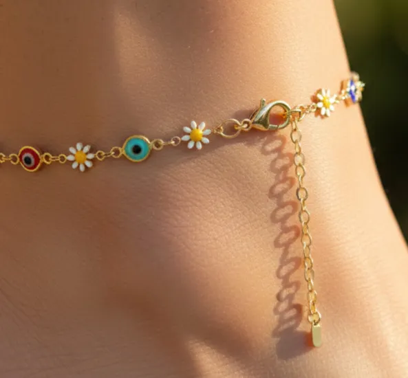 Authentic The Solar Bloom: Golden Daisy and Guardian Eye Anklet
