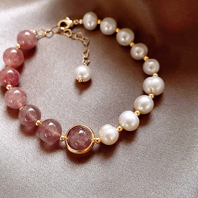 Authentic Whispers Of The Tide Baroque Pearl & Strawberry Quartz Love Bracelet