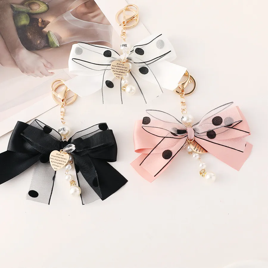 Authentic Imitation Pearl Keychain Sweet Letters Ribbon Bowknot Keyring Accessories Metal Buckle Women Bag Charms Best Gifts Jewelry
