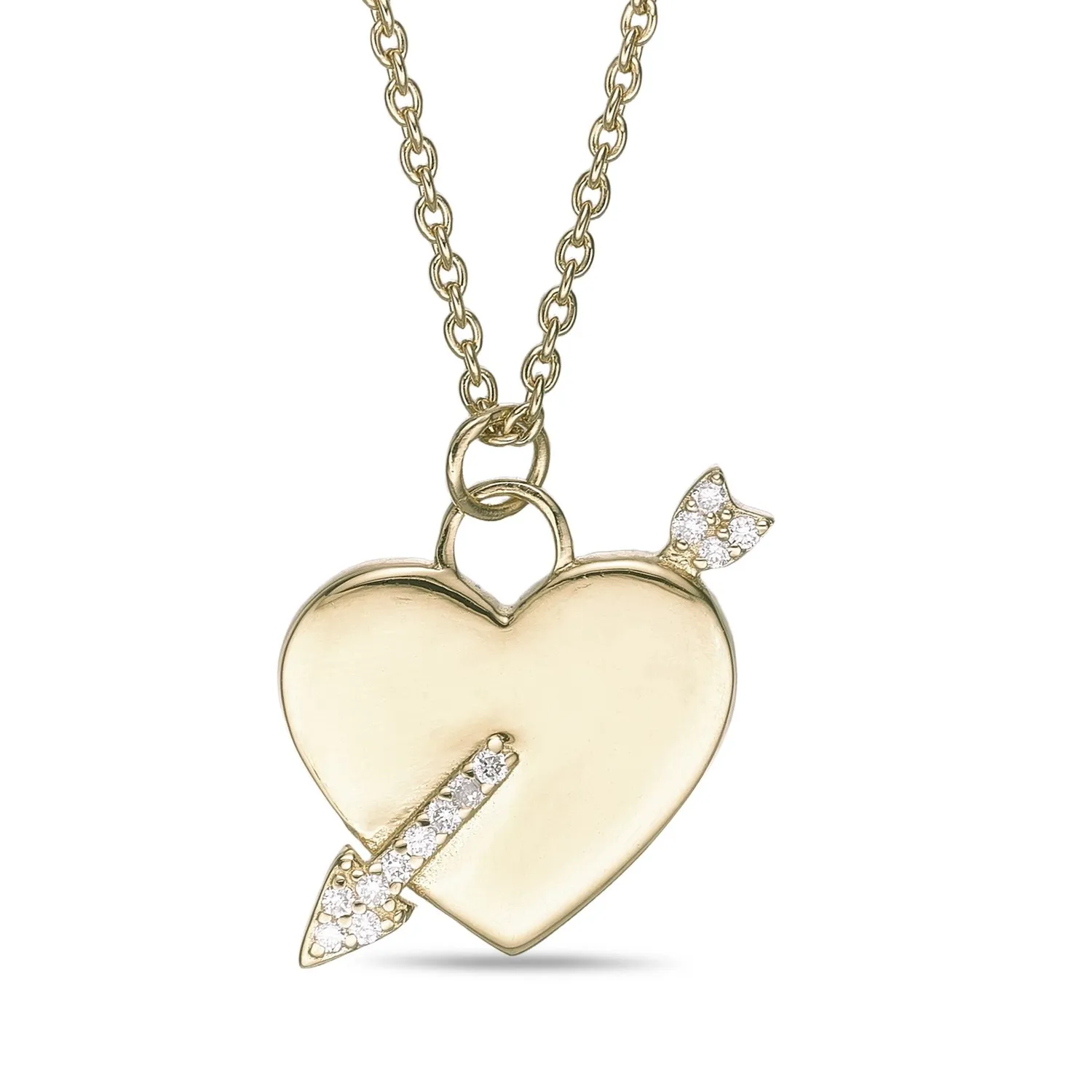 Authentic 18K Yellow Gold Plated Silver Heart Arrow Pendant Necklace w/ Lab Grown Diamond