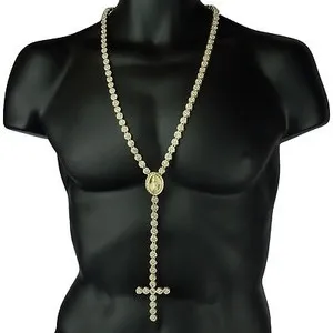 Authentic 14k Gold Plated Rosary Flower Pendant Cubic-Zirconia Cross Guadalupe Chain