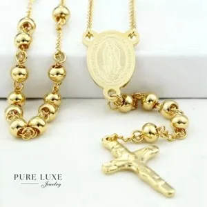 Authentic Beaded 25" Rosary VIRGIN MARY,JESUS CROSS Gold plated*BOX
