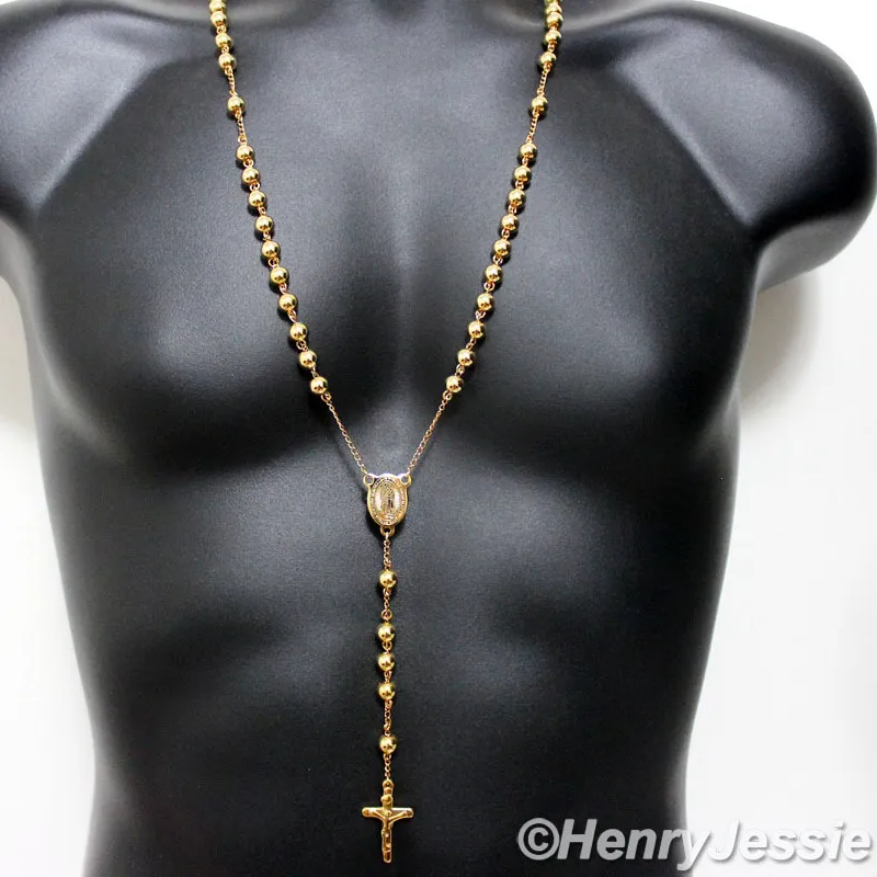 Authentic 30+5" HEAVY 8mm Gold Plated Bead Virgin Mary Rosary Necklace*RN10