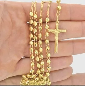 Authentic 24" 5mm Diamond Cut Rosary Crucifix Chain Necklace 14K Yellow Gold Plated Silver