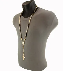 Authentic Men's Hip Hop 8mm Gold Plated Bead Rosary Pray Hand & Jesus Cross Chain GBK