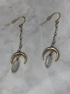 Authentic Celestial Whispers: 14KT Gold Plated Natural Moonstone Crescent Moon Dangles