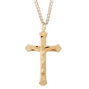 Authentic Gold Plated Sterling Silver Rosary Crucifix Flower Tips Medal Necklace 24"Chain