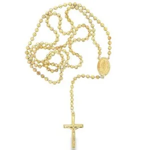 Authentic Lunar Blessings: 30" Moon Cut Rosary Crucifix Chain Necklace in 14K Yellow Gold Plated Silver