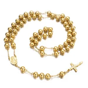 Authentic 32+5" Heavy 10mm 18K Gold Plated Beads Rosary Cross Necklace