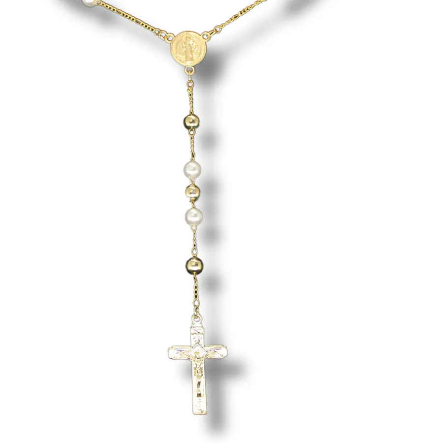 Authentic Sacred Shield Rosary Necklace with Saint Benedict Medal in 14k Gold Plate