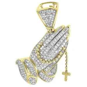 Authentic Sacred Devotion Praying Hands Rosary Pendant in Radiant 14K Gold Plated Finish with Lab-Created Accents