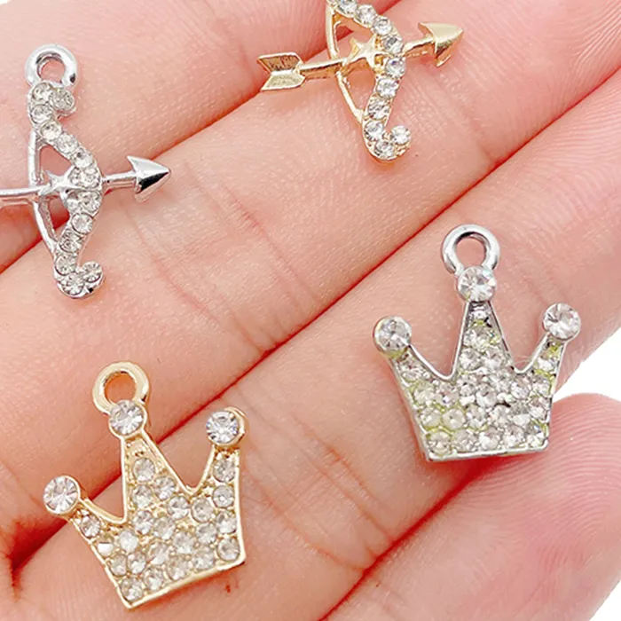 Authentic JQ 20pcs 16*20mm Gold/Silver Color Alloy Zircon Arrow Crown Pendant Jewelry Material Luxury Charm Craft Making DIY Accessories