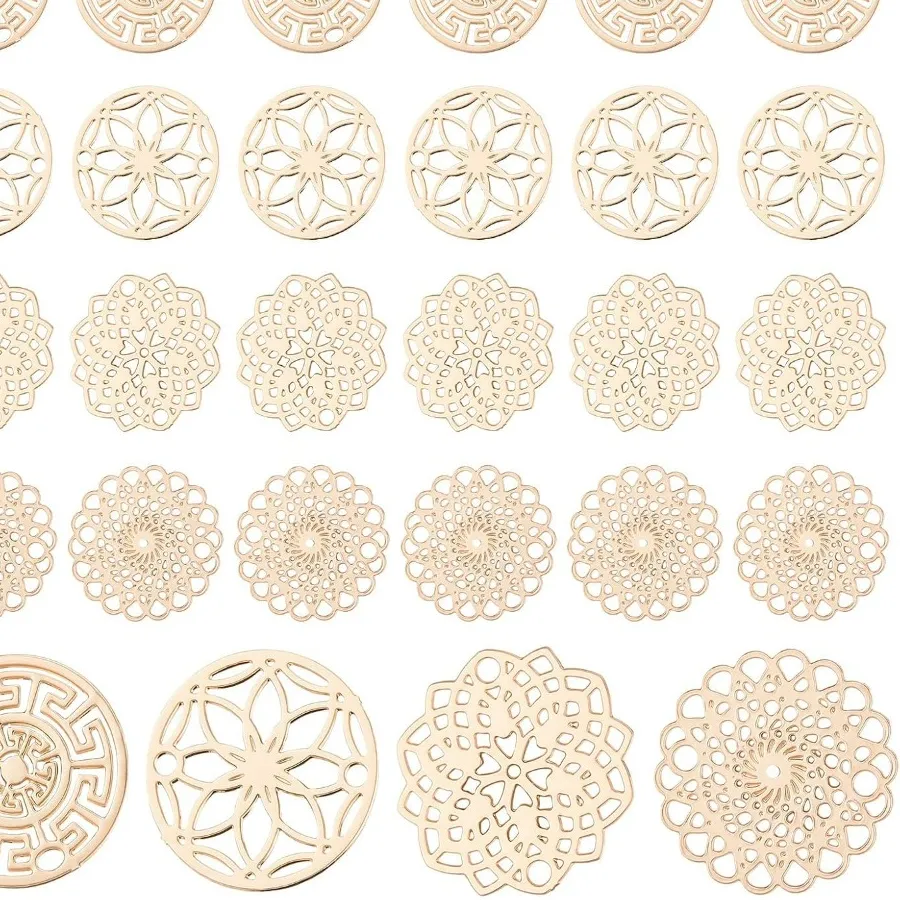Authentic 96Pcs 4 Style Filigree Flat Round Charms Connectors Links Golded Hollow Flower Charms Filigree Pendant for DIY Making Kit