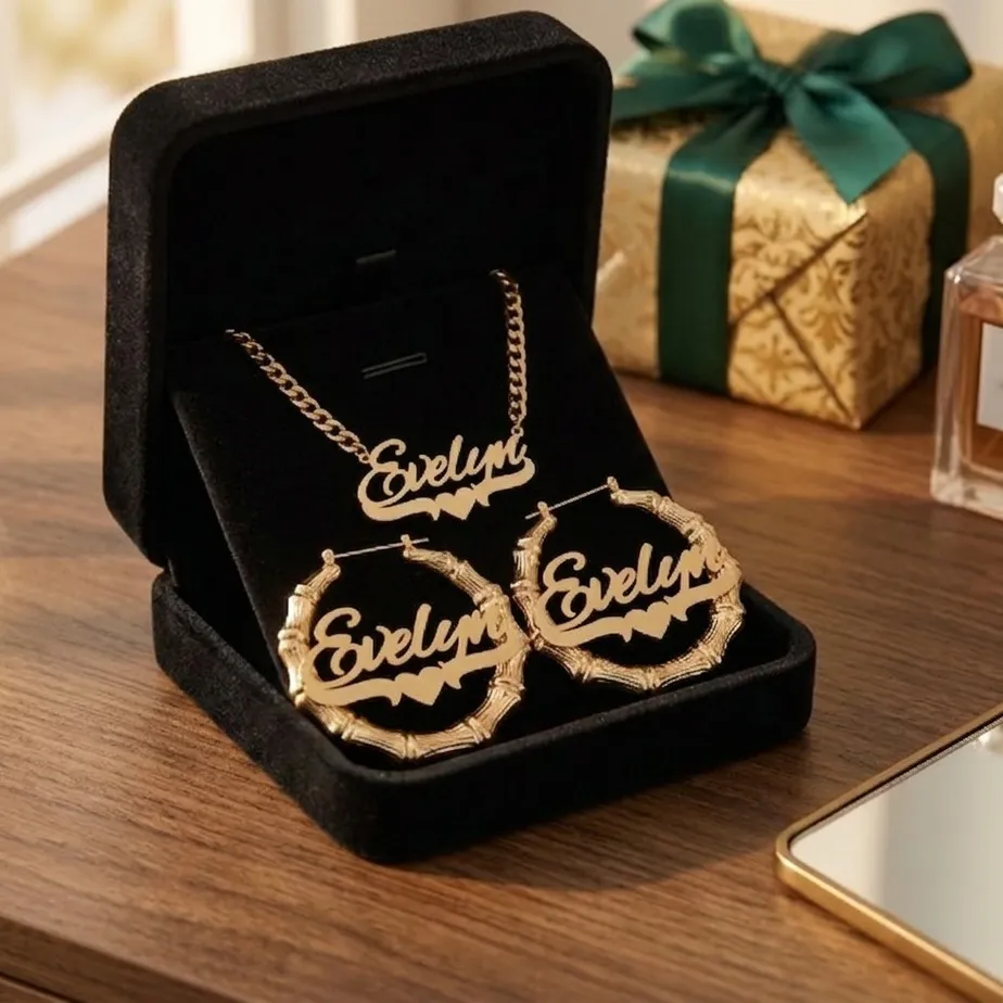 Authentic The Gilded Identity Talisman: Personalized Name Necklace and Bamboo Hoop Harmony Set