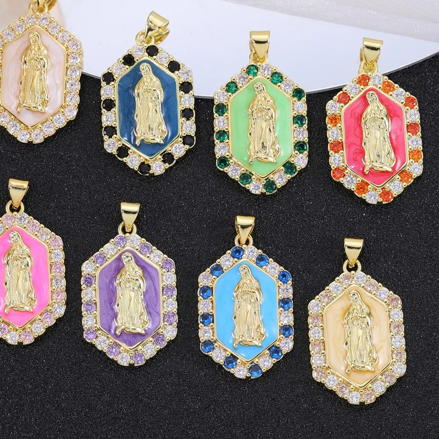 Authentic Juya Handmade 18K Gold Plated Decorative Christian Cross Enamel Saint Mary Charms For DIY Religious Rosary Jewelry Making