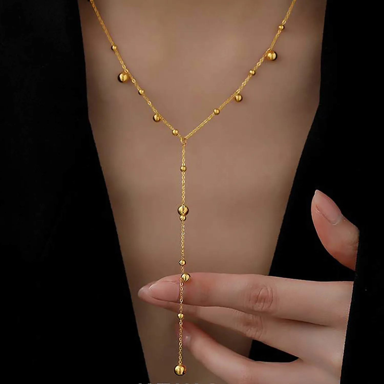 Authentic Women's Dainty Y Chokers Necklaces, Gold Plated Balls Beads Charm Necklace, Rosary Necklaces Minimalist Collar