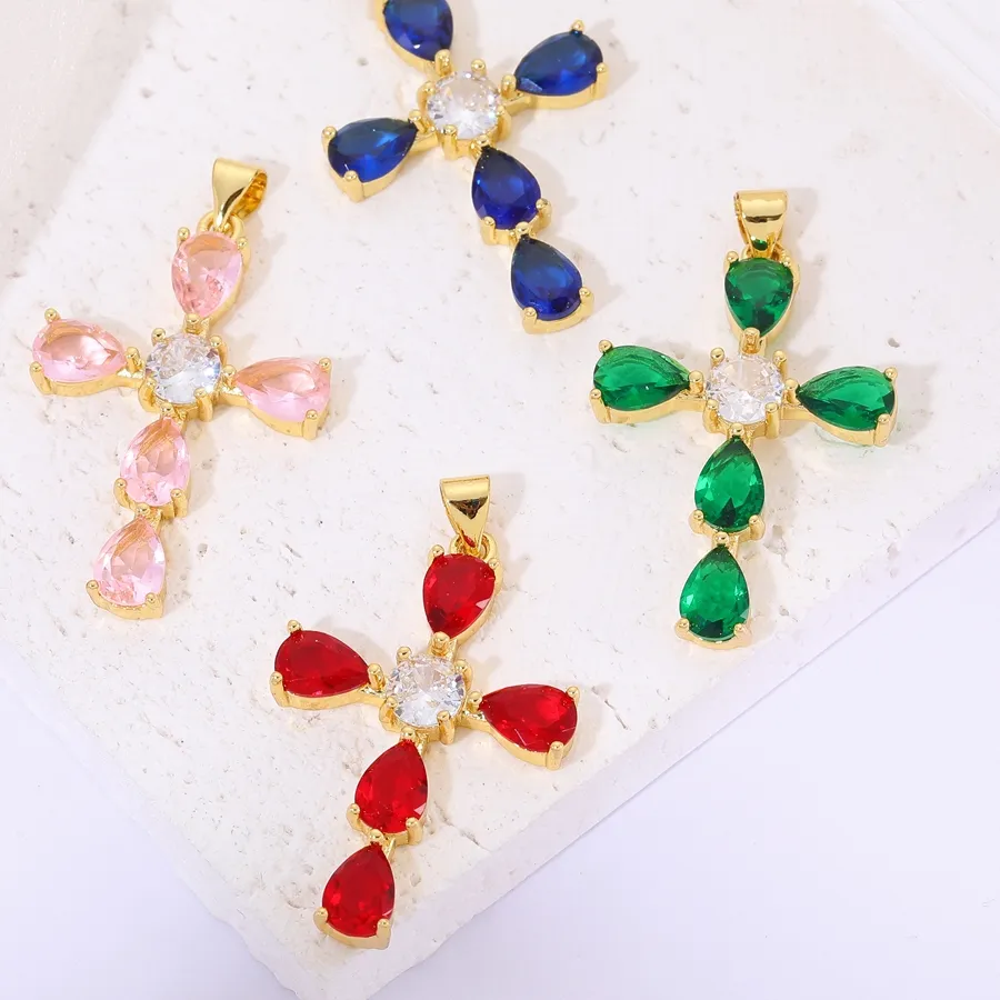 Authentic Juya 18K Real Gold Plated Cubic Zirconia Catholic Christian Crosses Charms For DIY Religious Pendant Rosary Jewelry Making