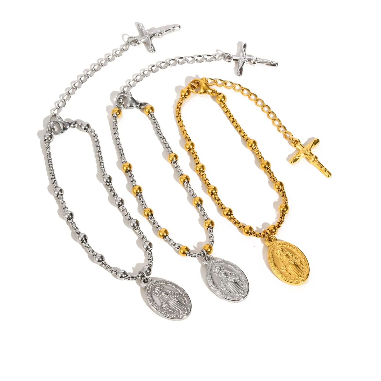 Authentic Religious Jesus Cross Rosary Bracelet for Women, Stainless Steel Virgin Mary Charms Bracelets Gold Plated Prayer Jewelry