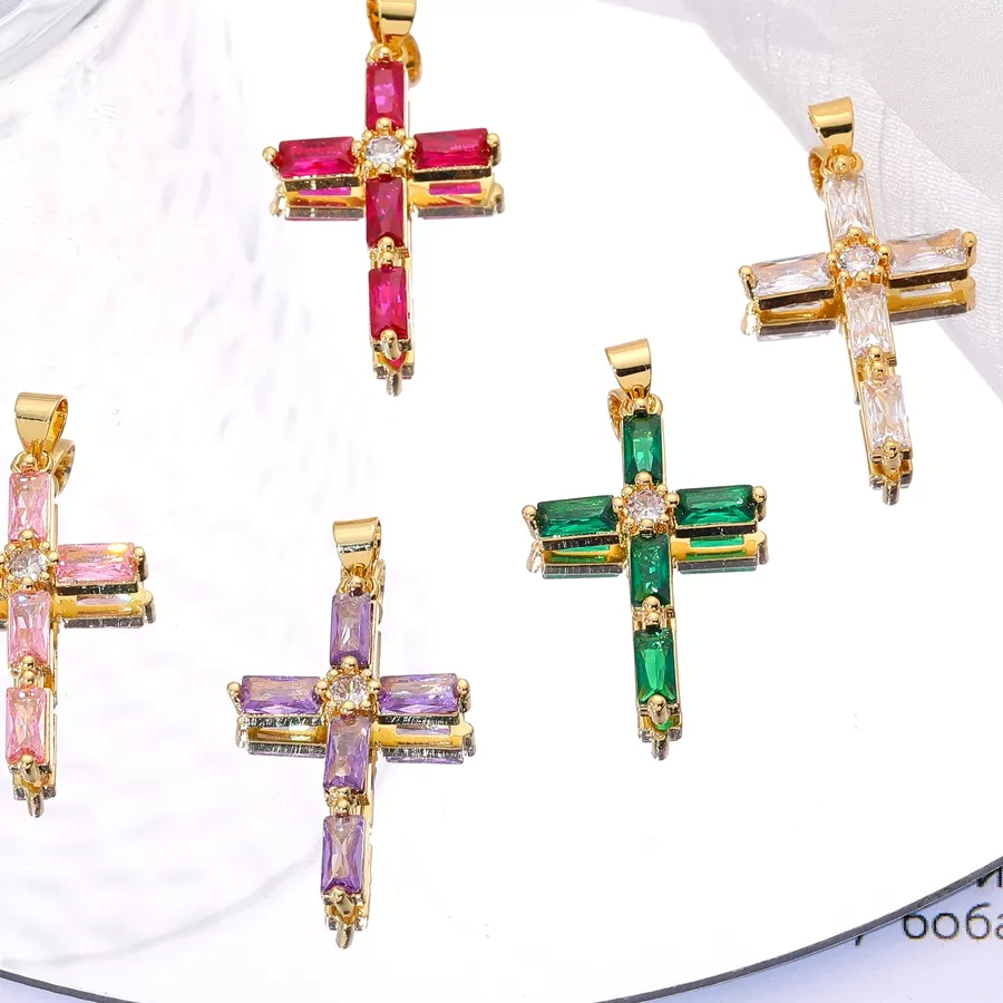 Authentic Juya 18K Real Gold Plated Religious Rosary Jewelry Supplies Handmade Cubic Zirconia Christian Cross Charms Pendant Wholesale