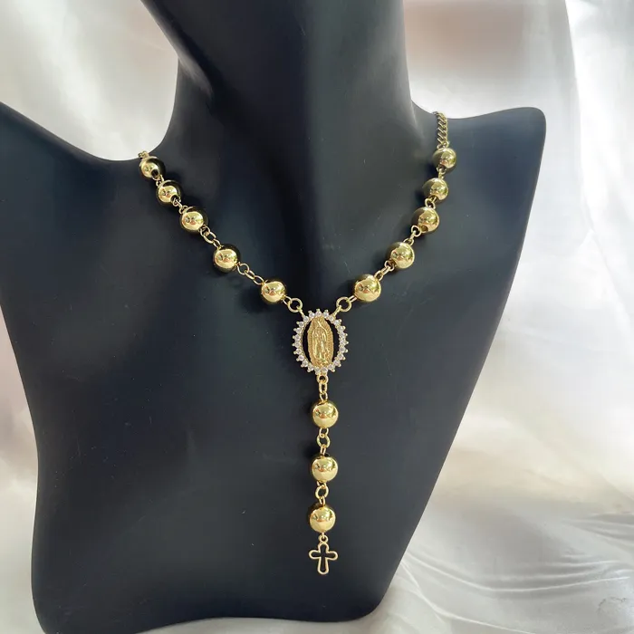 Authentic 5 pcs/lot Beads Chain Religion Guadalupe Rosary Necklace 18K Gold-Plated Virgin Mary Charm Cross Long Necklace Jewelry