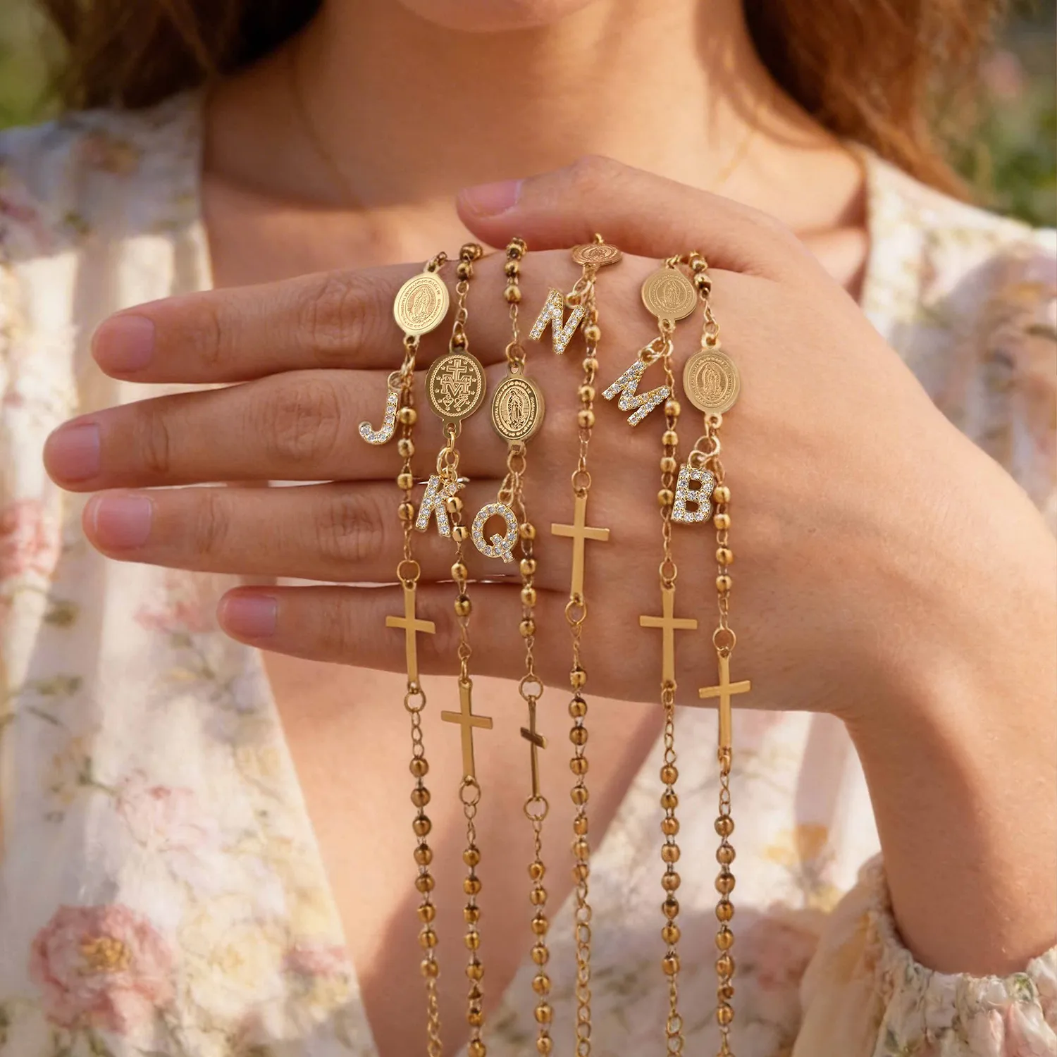 Rosary Virgin Mary Bracelet Cross Chain Gold Plated Initial Letter A- Z Charms Baptism First Communion Jewelry