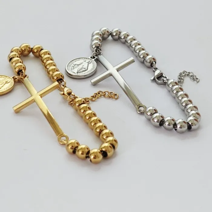 Authentic Cross Rosary Bracelet Gold Silver Bead Chain Virgin Mary Medal Charm Religious Catholic Jewelry Christian Baptism Gift