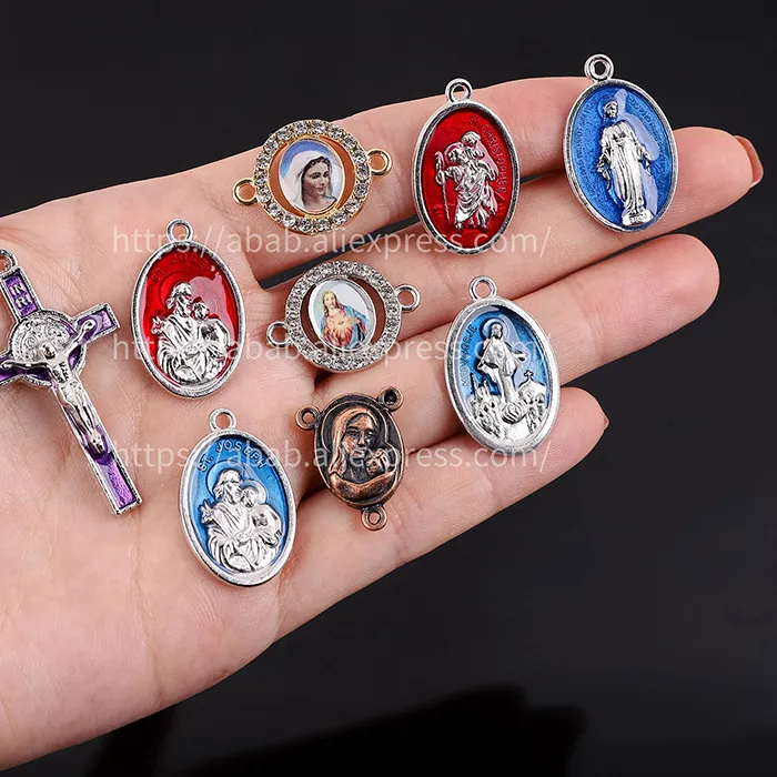 Authentic 10 pieces/New Catholic rosary gold plated pendant Blue Virgin Medal, many Jesus Christ statues necklace bracelet connector