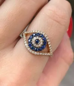 Authentic Celestial Gaze: 2Ct Lab-Created Sapphire Evil Eye Ring in 14k Yellow Gold Plated