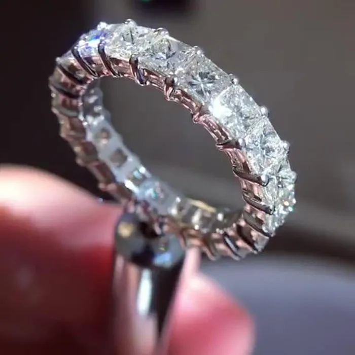 Authentic Eternity Asscher Cut Lab Zircon Ring Silver Color Band Rings Finger Jewelry