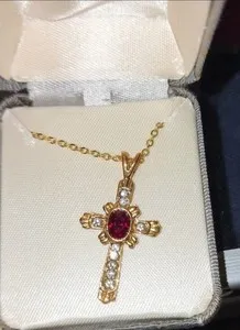 Authentic Radiant Sovereign Cross Amulet in 18K Gold Plate with Crimson Heart
