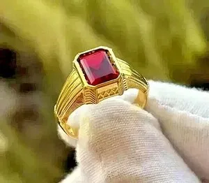 Authentic Mystic 3‑Ct Emerald‑Cut Garnet Men’s Ring – 14K Gold‑Plated Aura
